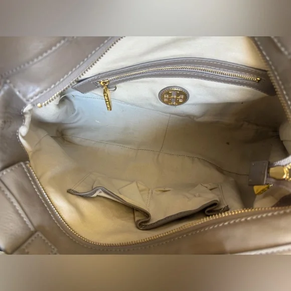Tory Burch Taupe Leather Satchel with Gold Clasp - Picture 11 of 16